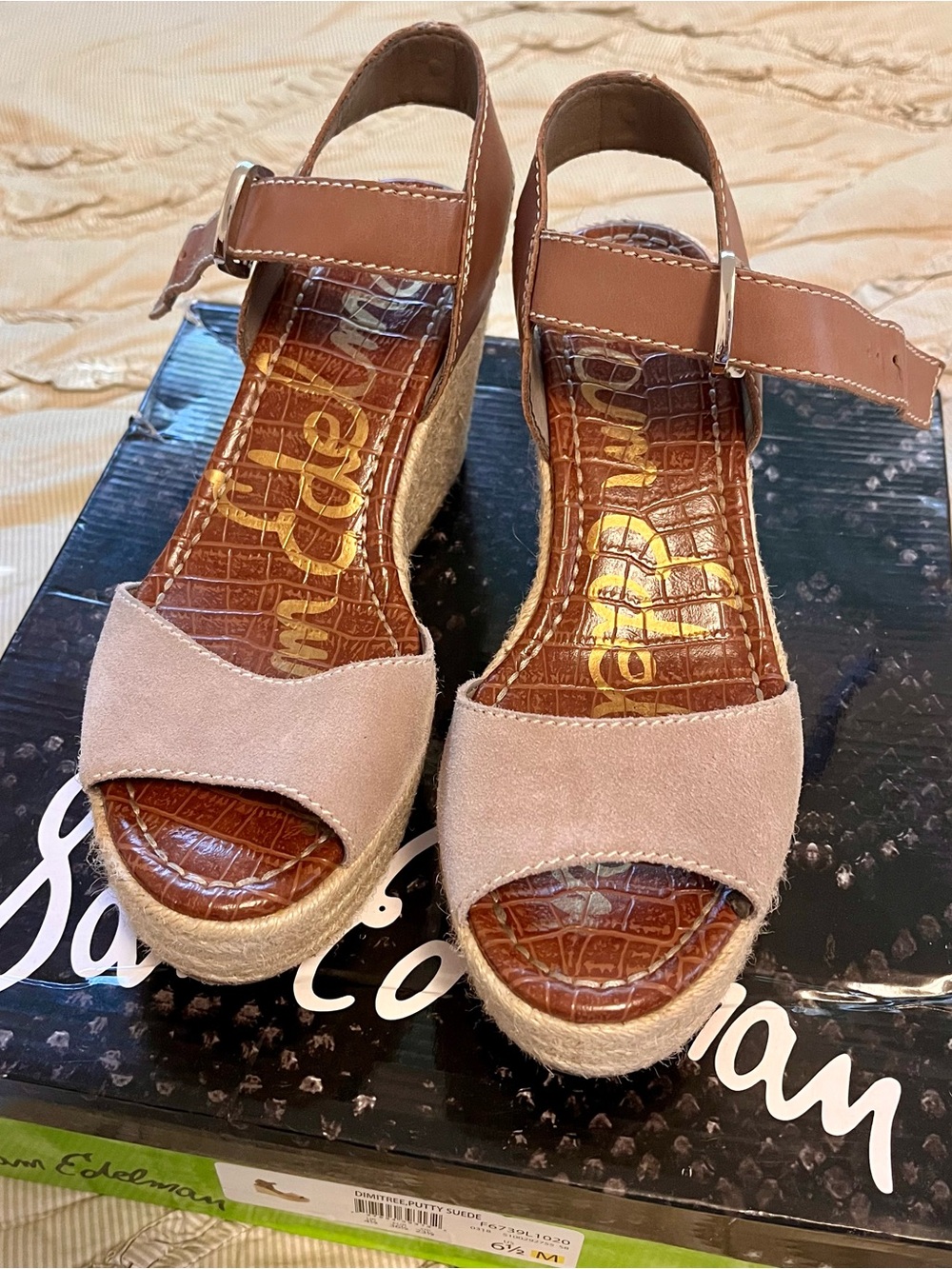 Sam Edelman Blush Suede Espadrille Wedge Sandals with Tan Ankle Strap